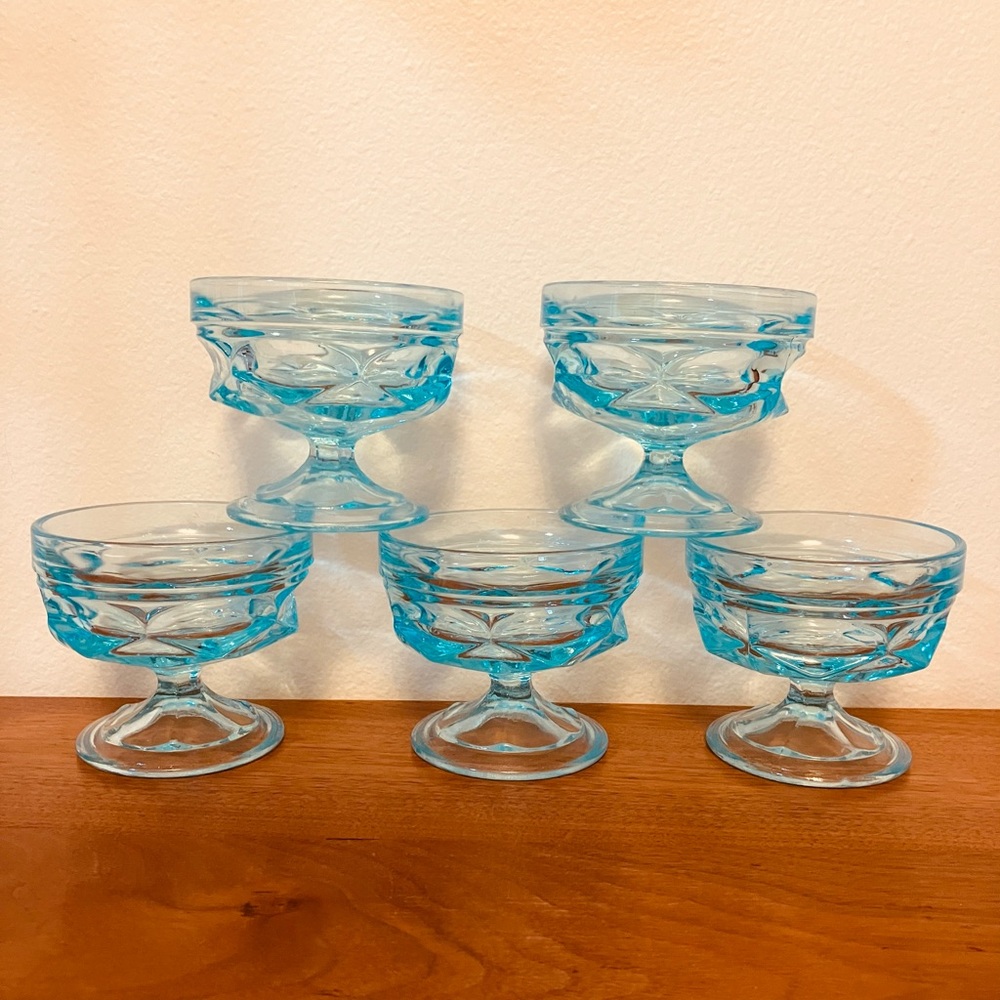 ANCHOR HOCKING FAIRFIELD AQUA BLUE set of 5 LOW SHERBERT CUPS VINTAGE 1970’s